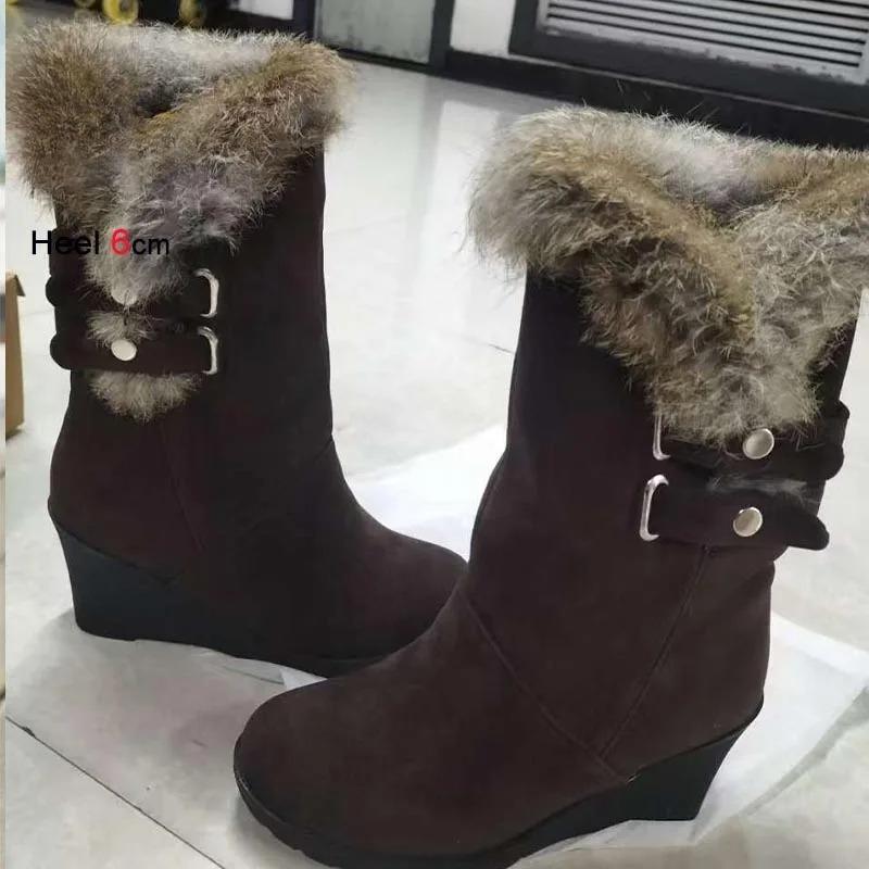 2025 Wedge Heels Cotton Boots Fashion 6cm High Heels Women Mid-calf Boots Winter Thick Plush Warm Short Boots  Lady Long Boots