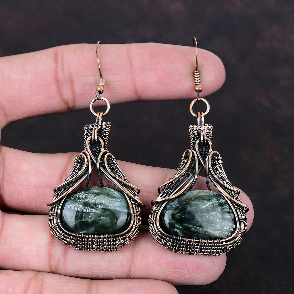 Seraphinite Gemstone Earring Copper Wire Wrapped Earring Handmade Earring Copper Jewelry Dangle Earring Gift For Mother Wire Wrapped Jewelry