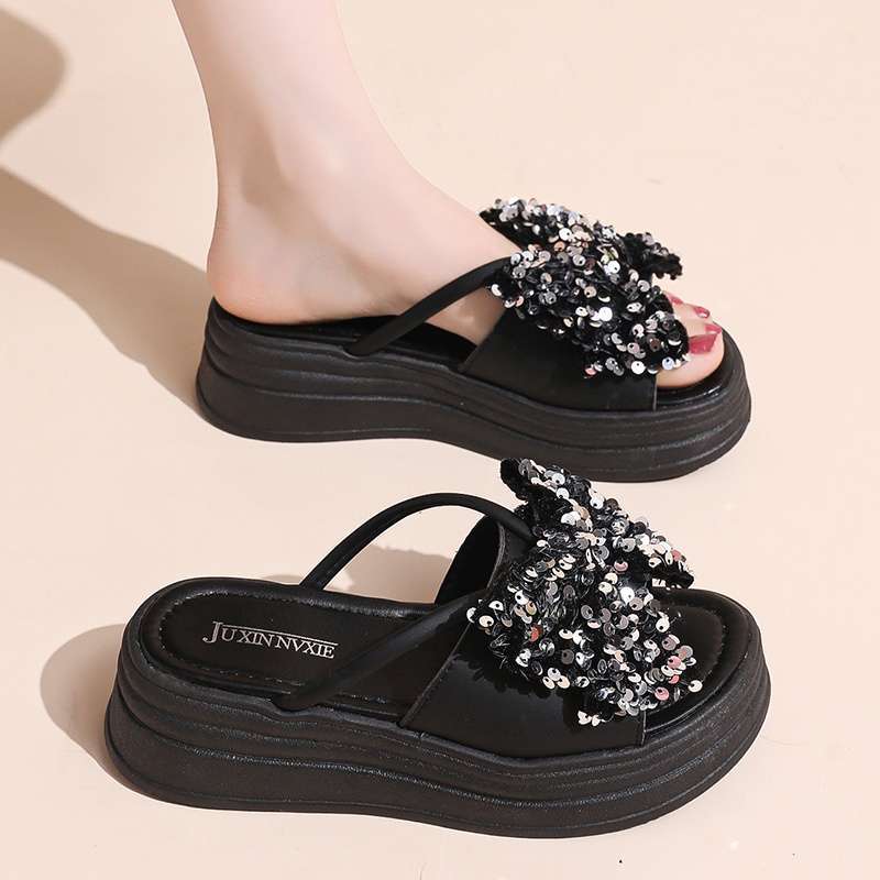 Super fire with skirt platform slippers women's summer wear 2025 new bow sequins high-end sandals