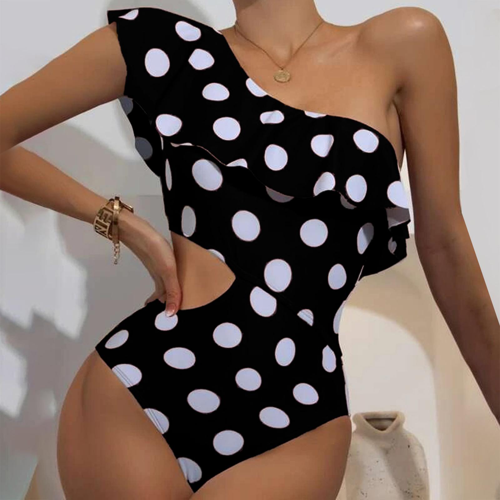 

Женский купальник на одно плечо в горошек, сексуальный бикини с рюшами, повседневный цельный купальник L чёрный