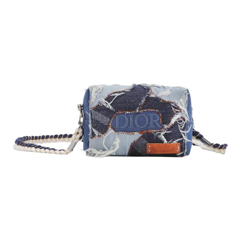 DIOR DIY-Style Makeup Bag: Flame-Print Heart-Shaped Patchwork Denim, Hand-Stitched, Vintage and Versatile, Retro Style, Fashion, Storage Bag синий