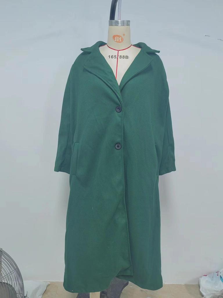 Women's Green Wool Lapel Coat - Autumn/Winter, European/American Style, Beltless, Loose Fit.