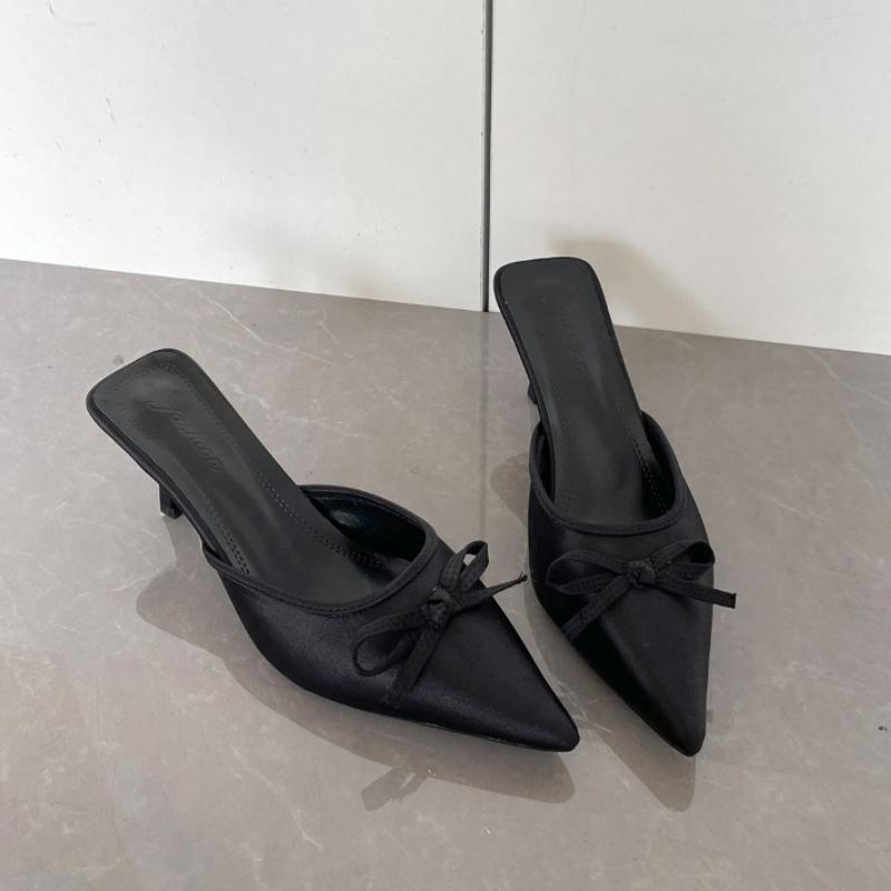 Designer Spring Summer High Heel Women Slippers Fashion Cover Toe Slip On Slide Ladies Elegant Butterfly-knot Dress Sandalias