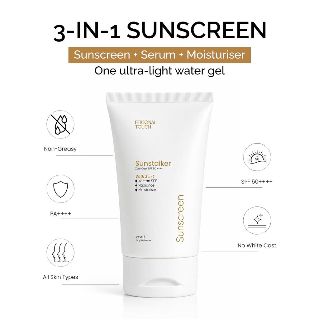 Personal Touch Sunscreen SPF 50 PA+++ for Face | Sunstalker Korea 3 in 1| Lightweight Sunscreen with No White Cast | Non-Greasy, Acne Safe & Oil-