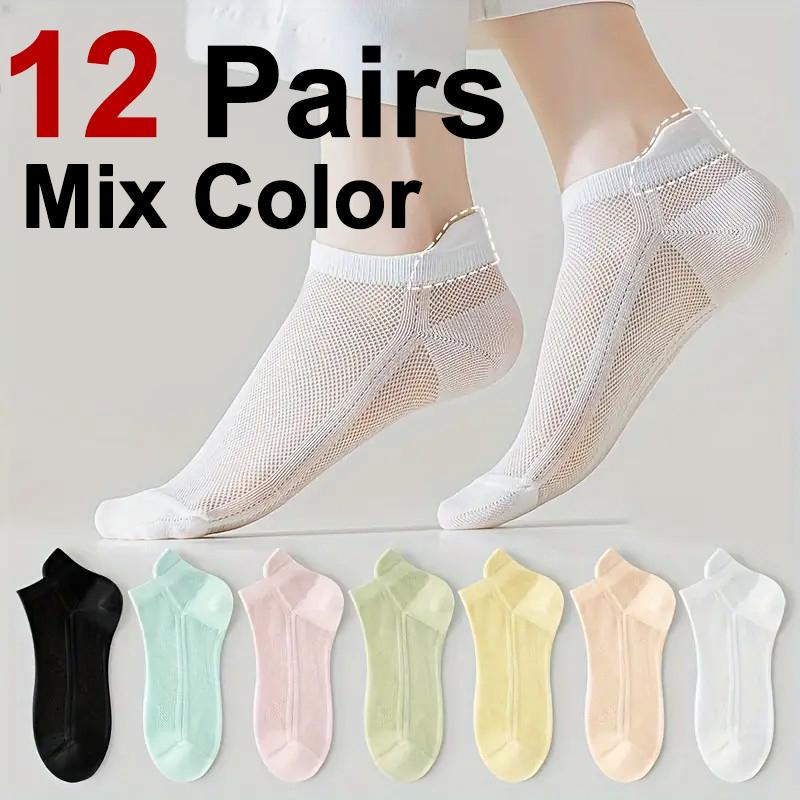 6/12 Pairs Thin Mesh Solid Color Women Short Socks Spring Summer Sweat Absorbing Breathable Dopamine Color Matching Casual Socks