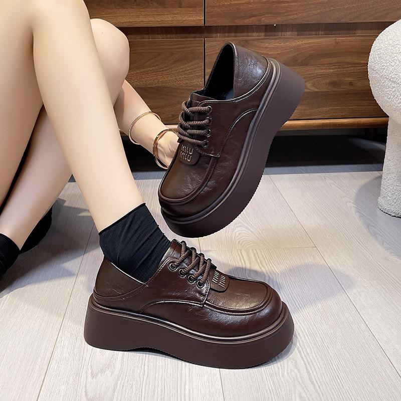 Black Loafers Women's 2025 New Retro Versatile Platform Small Leather Shoes Commuting Lace-up Deep Mouth Single Shoes