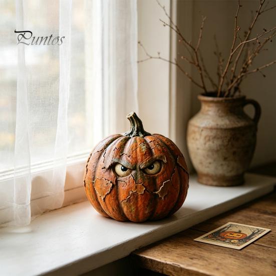 Decorative Holiday Pumpkin Crafts Halloween Wooden Figurine, Rustic Spooky Ornament, Fall Charming Autumn Window Sill Accents Table Centerpiece
