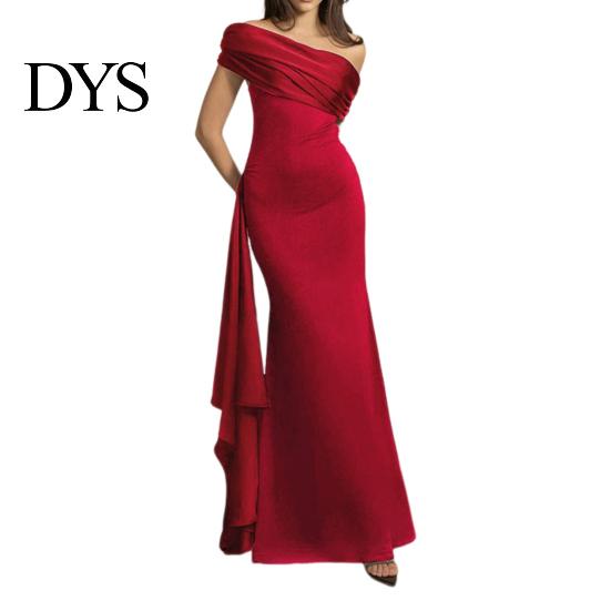Solid Color Women Dress Lady Evening Slant Neck Off Shoulder Sleeveless Pleated Lace-up Sash Decor Long Irregular Design Slim Fit Prom Party