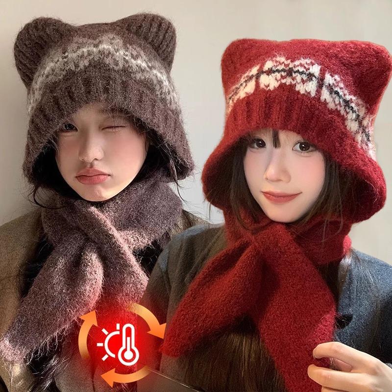 Fashion Cute Bear Scarf One-piece Hat for Women Winter Warm Knitted Scarf Hats Balaclava Ear Protection Cap Woolen Hat Beanies