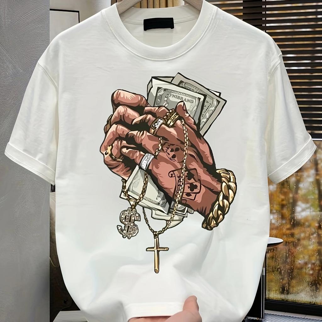 Men's Summer 100% Pure Cotton Money and Cross Graphic Print Fashionable Casual Sports Loose Round Neck Short Sleeved T-shirt