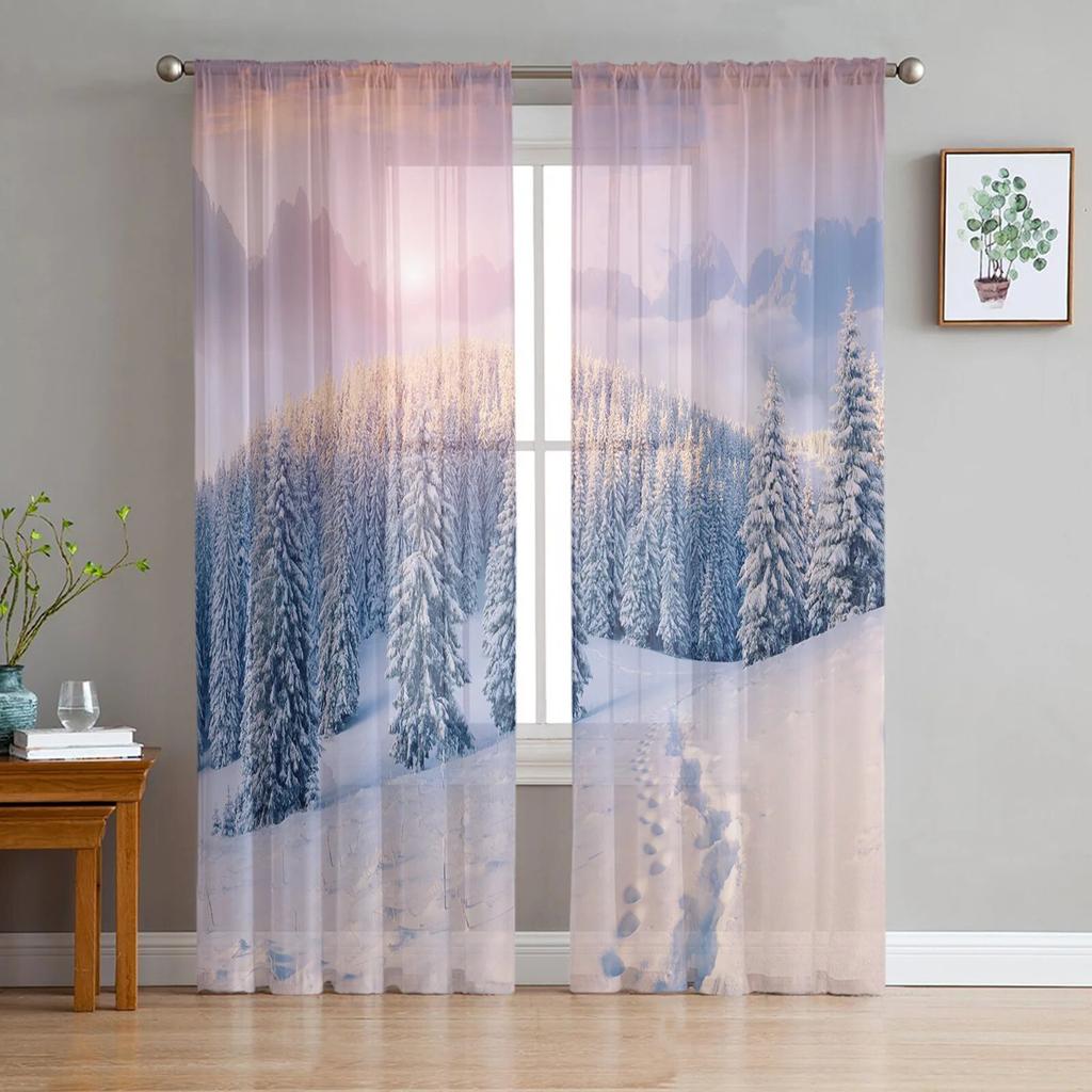 Winter Forest Tree Snowflake Semi Curtains Living Room Snowy Landscape Print Tulle Curtain Drapes Window Treatments Sheer Polyester Great Treatment
