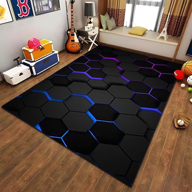 Modern Black Carpet with Blue and Purple Hexagonal Pattern Design Suitable for use as an anti-slip for living room bedroom sofas