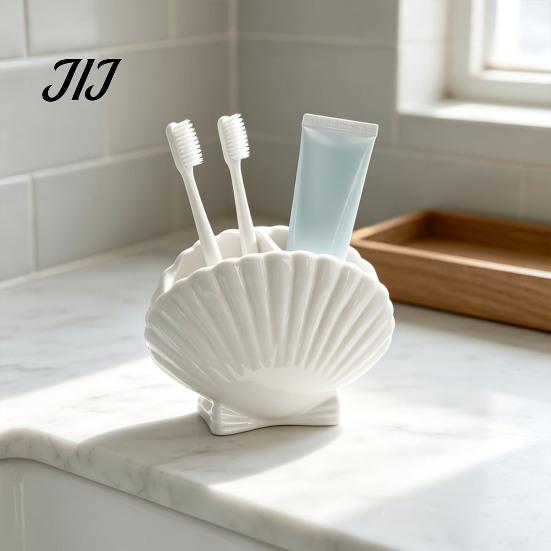 Small Item Storage Organizer Shell Shape Toothbrush Holder for Bathroom Countertop, 2 Compartments Waterproof Countertop Toothpaste Stand Desktop