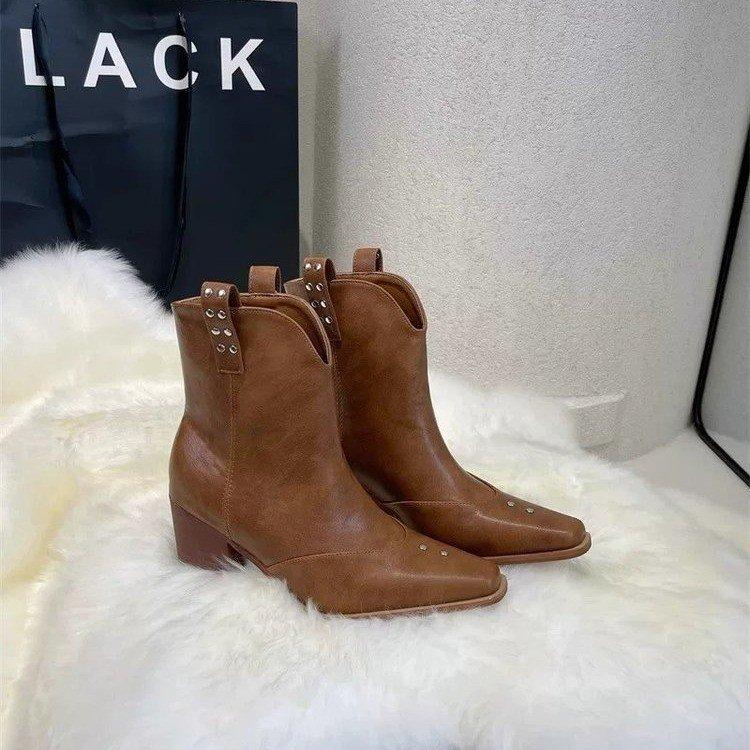 The boot can be removed~ two wear thick heel high boots women's French square head belt buckle trouser tube boots slim retro boots