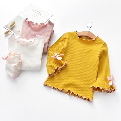 Autumn Spring Fashion Girl Long Sleeve T-Shirt with Ruffle Edges for Kids Soft and Warm Solid Color Children Casual Clothes Tops