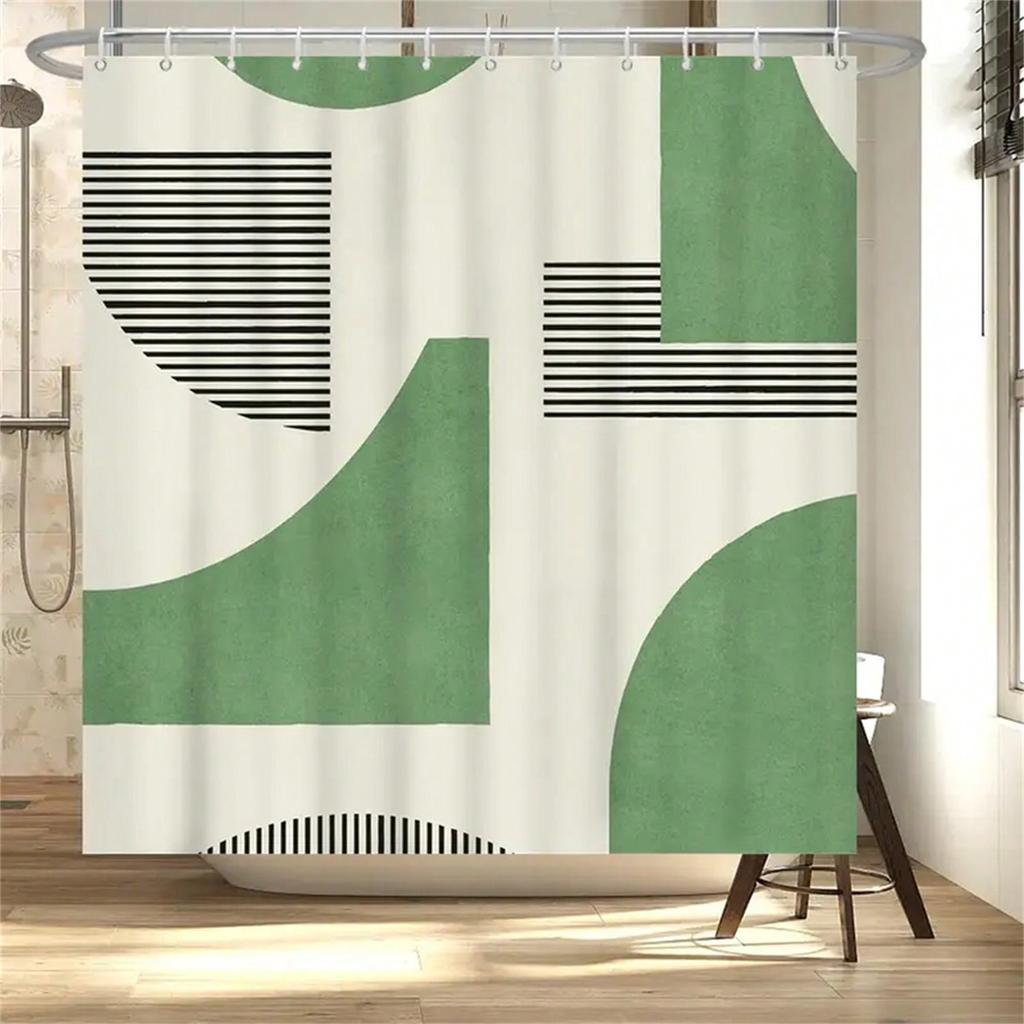 Geometric Green Shower Curtain: Embrace The Modern Design, Soft Fabric, And Trendy Vibes For Your Stylish Bathroom