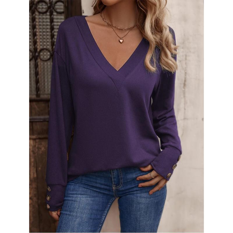 Women's V-Neck Button Down Shirt 2025 Fall Winter Long Sleeve Loose Fit Casual Top Blouse