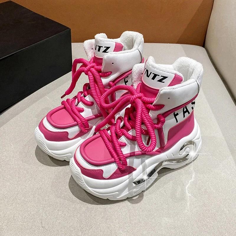 Fashion 8CM Winter Chunky Boots For Women Thick Plush Warm Snow Ankle Boots Wedges Leather High Platform Sneakers Woman Motorcycle Shoes
