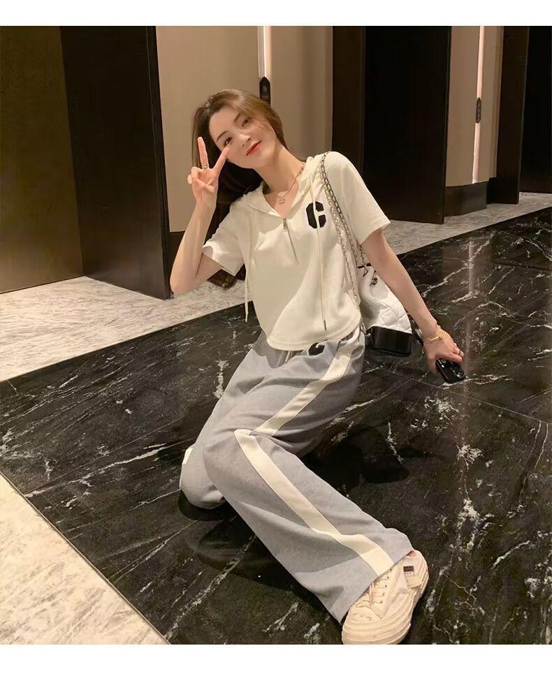 2025 Korean Style Women's Hooded T-Shirt & Wide-Leg Pants Set