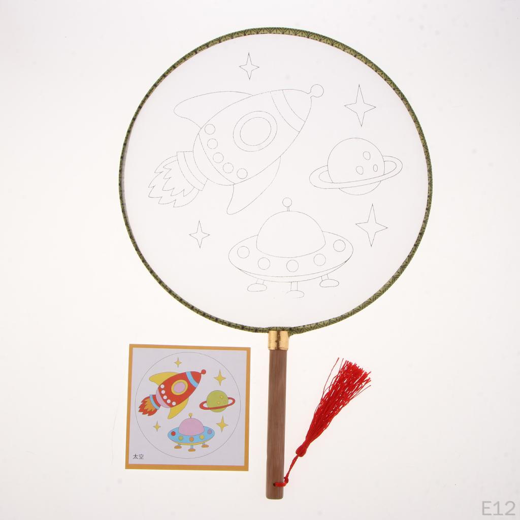 1 piece Ancient Handheld Fan Round Paddle Mandarin Handle with Fabric, Blank Patterns