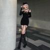 Pure Desire Spice Girl Off-the-shoulder Black Mesh Long-sleeved Dress, Early Autumn New Models Show Tight Figure, Hip-wrapped Short Skirt Women
