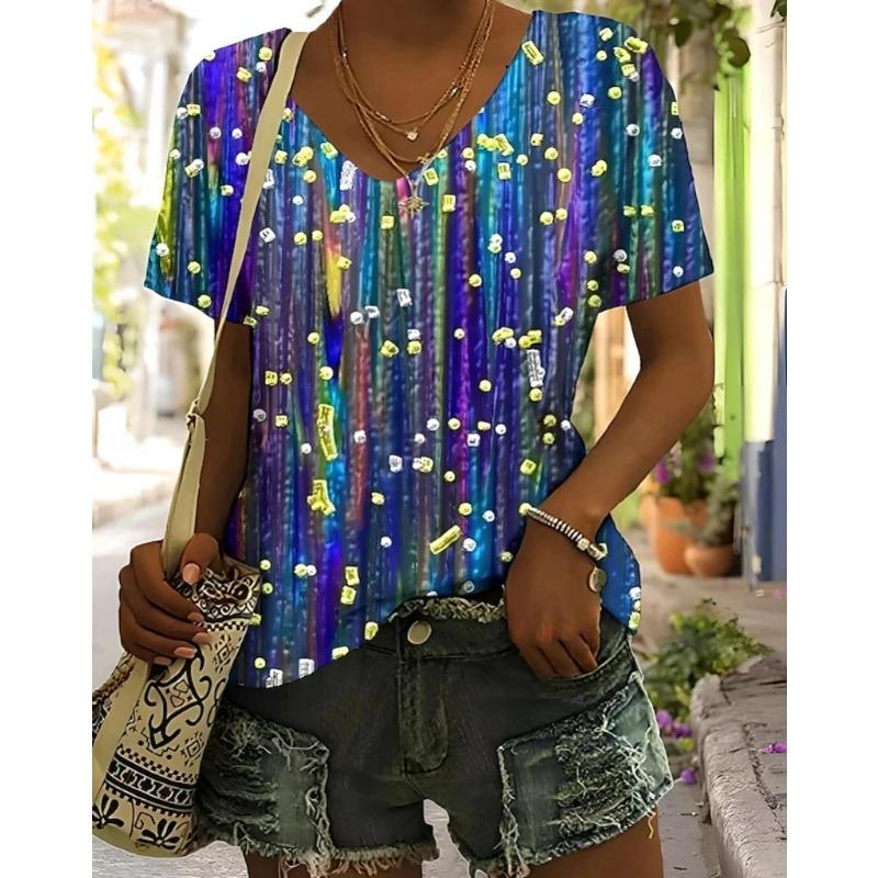 Summer V-neck 3D Vintage Floral Pattern Printed Top Fashionable Casual Colorful Short Sleeved Women's T-shirts