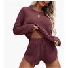 2026 Women Knit Pajama Set, Long Sleeve Top & Shorts, Casual Loungewear Home Sportswear