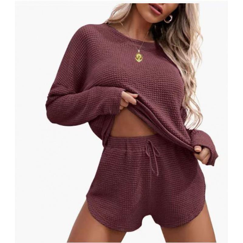 2026 Women Knit Pajama Set, Long Sleeve Top & Shorts, Casual Loungewear Home Sportswear
