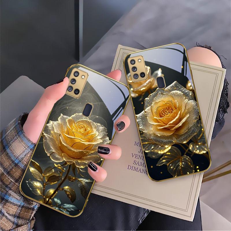 Elegant Golden Rose For Samsung A 31 32 A33 A34 35 14 A15 13 A16 25 26 50 52 53 54 55 56 70 71 72 73 Golden Glass Phone Case