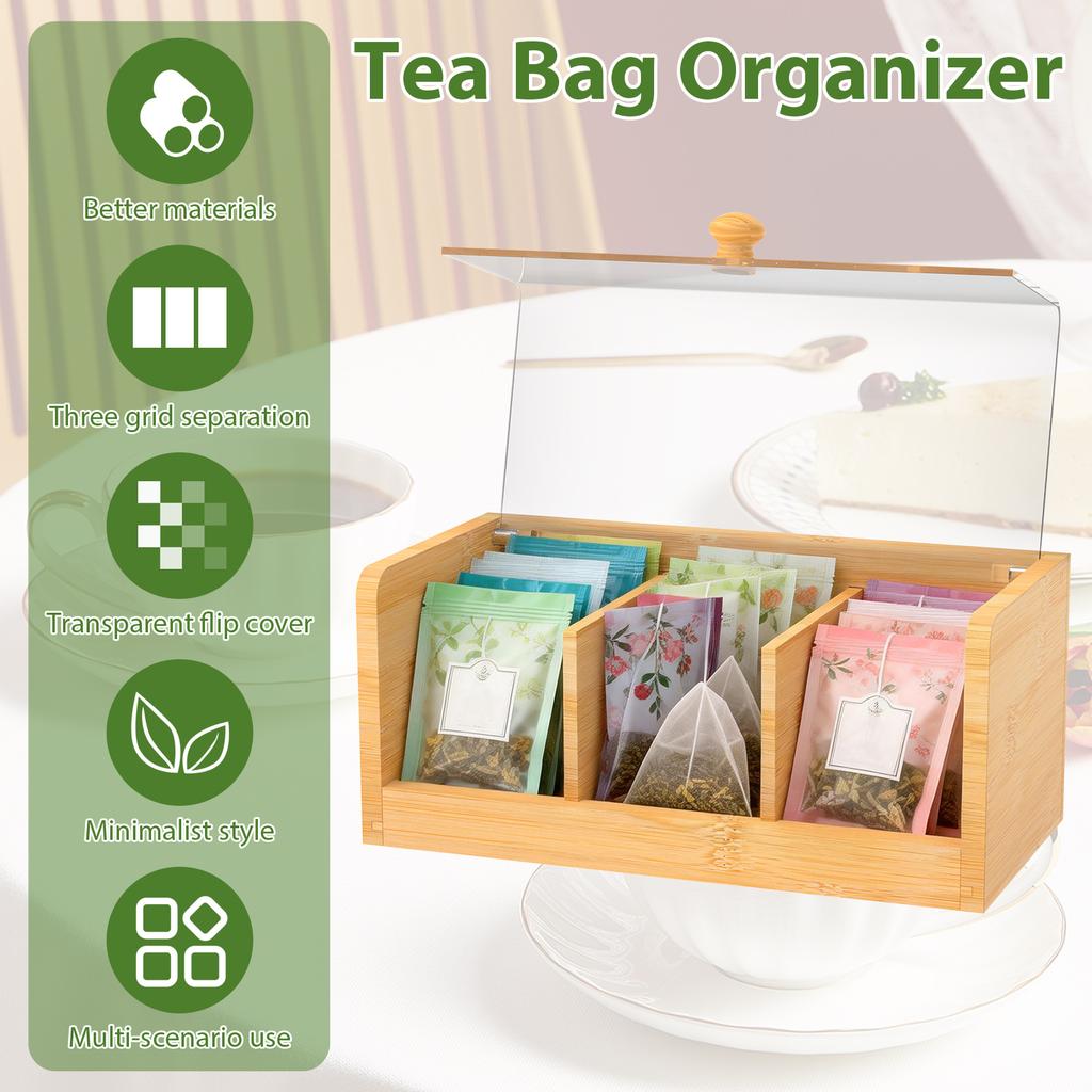 Bambus Teebeutel Aufbewahrungsbox mit Klarem Deckel 3 Fächer Multifunktionaler Kaffee Tee Box Organizer Zuckerbehälter