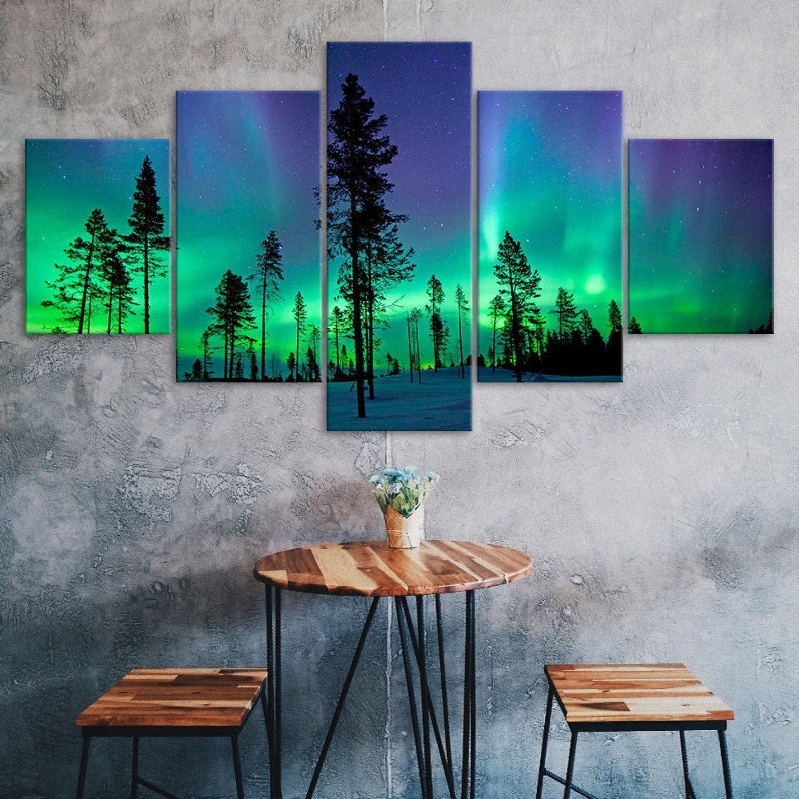 

Aurora Borealis Night Forest 5 Piece Five Panel Wall Canvas Print Modern Art Poster Picture Home Decor Gift For Him Her 20X35 20X45 20X55CM