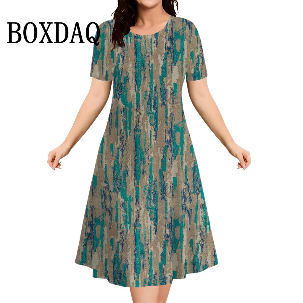 Summer Ladies 3D Printed Short Sleeve Crew Neck Dress