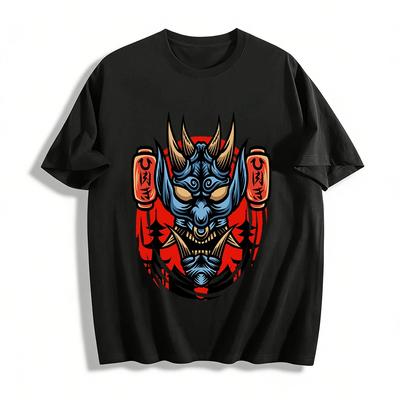 Japanese Style Hannya Mask Print Tee Retro Cool Street Culture Top Pure Cotton T-shirt