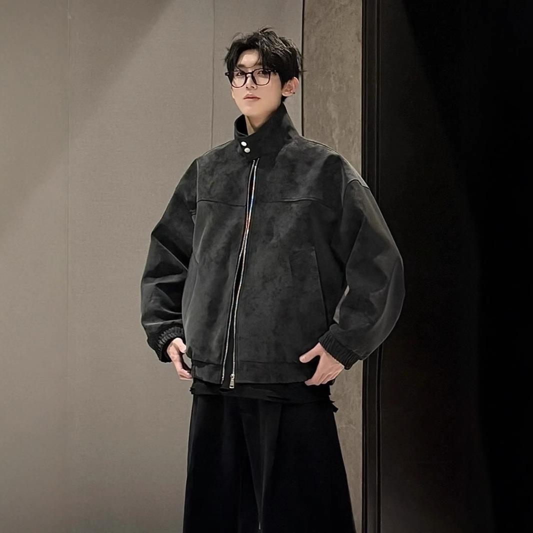 

Retro Tie-Dye PU Leather Stand Collar Jacket - Punk Style Versatile Outerwear XXL чорний