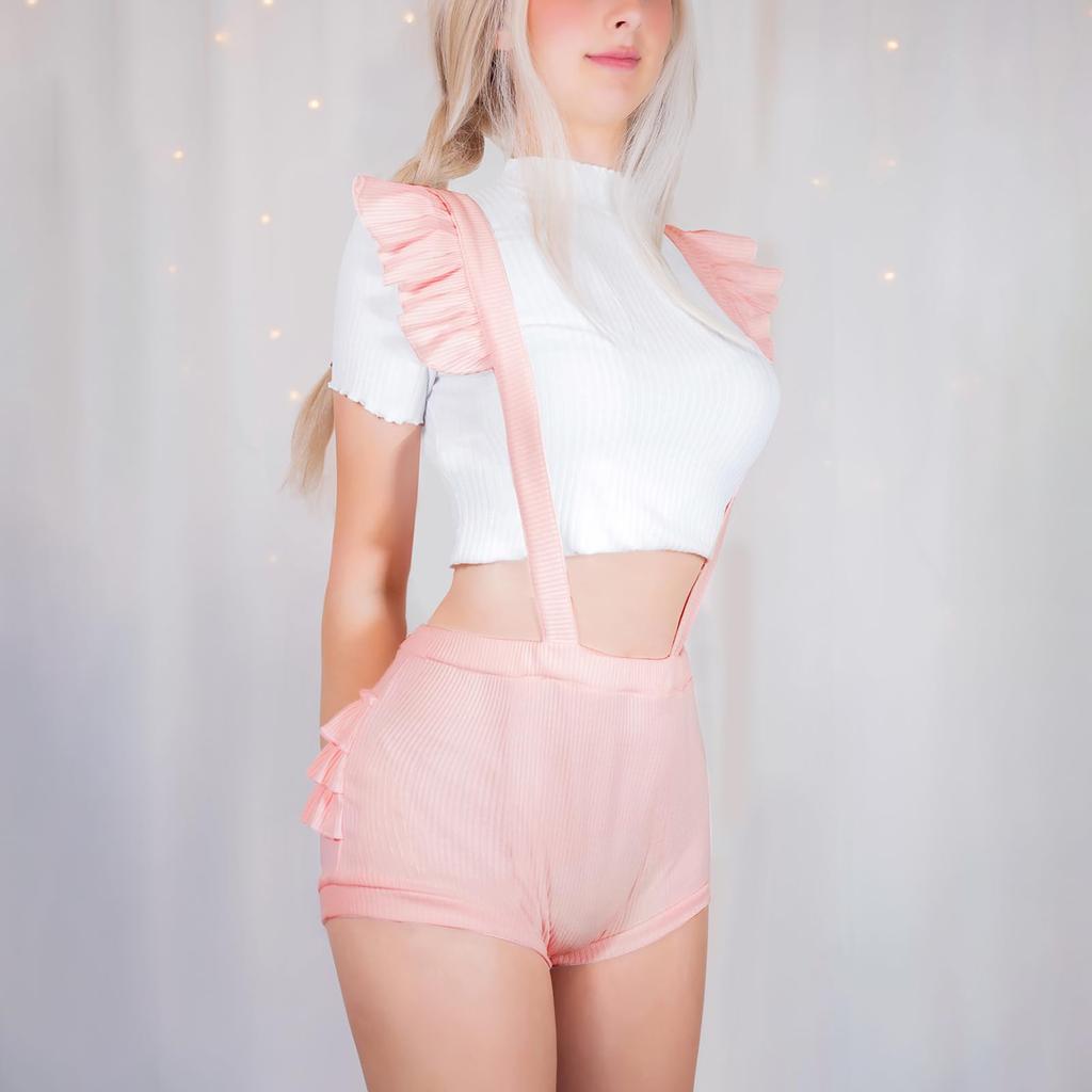 LittleForBig Ruffled Overalls for Adults [Fluffy Ruffles] All-in-One, Elastic Ribbed Material, Pink, Size M