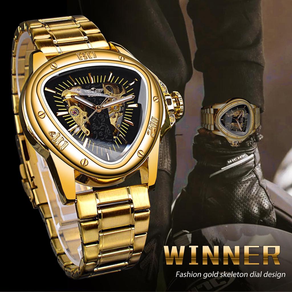 WINNER Herren Automatikuhren für Herren Luxus Hohl Dreieck Herren Mechanische Armbanduhren Skelett Wasserdicht Reloj Hombre