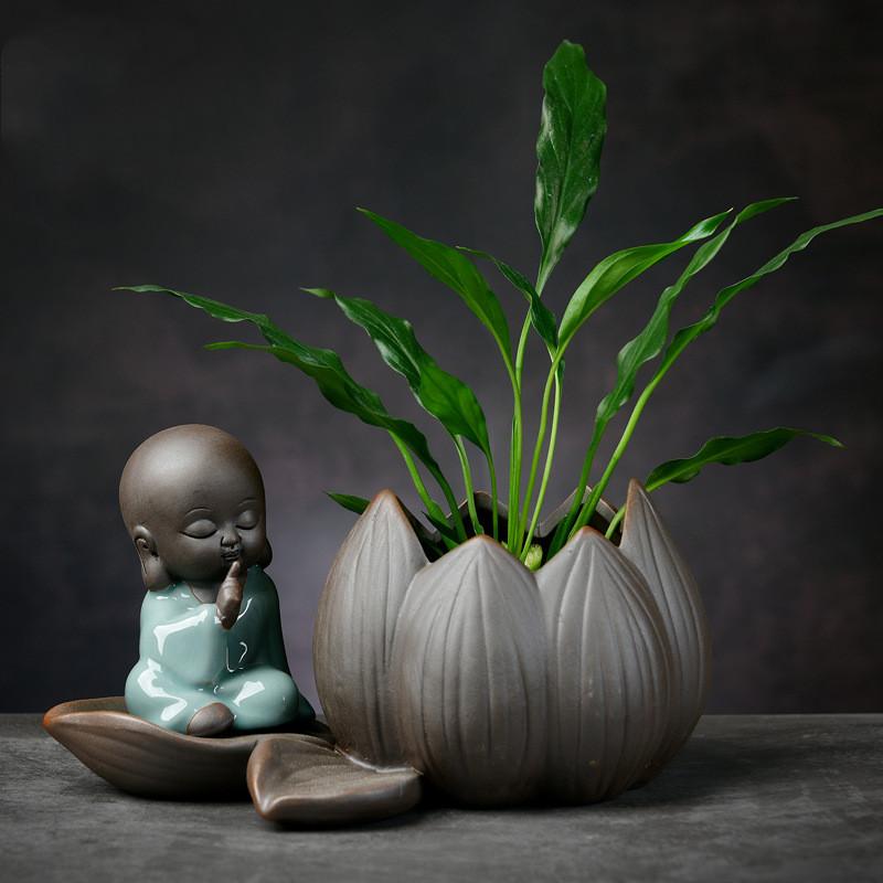 DXUIALOI Neu Chinesisch Kreativ Hydrokultur Pflanzen Chrysantheme Kupfer Geld Blumentopf Vase Zen Keramik Handwerk Heimdekoration