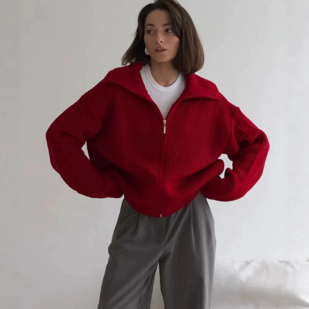 Women's Long Sleeve Knitted Cardigan Sweaters Cozy Zip Up Collared Sweater Cardigans Casual Fall Open Front Knit Sweater Jacket Outfit for Women