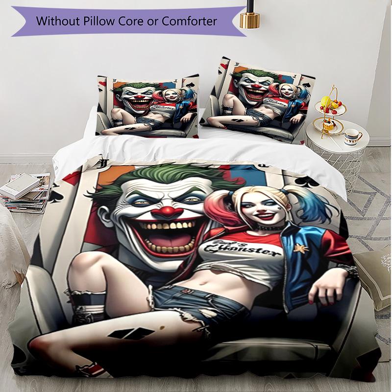 3pcs Duvet Cover Set (1*Duvet Cover + 2*Pillowcase, Without Core), Harley Quinn Joker Print Soft All‑Season Bedding Set, Home Bedroom Decor Gift