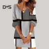 Women Autumn Winter Casual Dress V Neck Long Sleeve Geometric Contrast Color Print Oversized Vacation Dress Streetwear