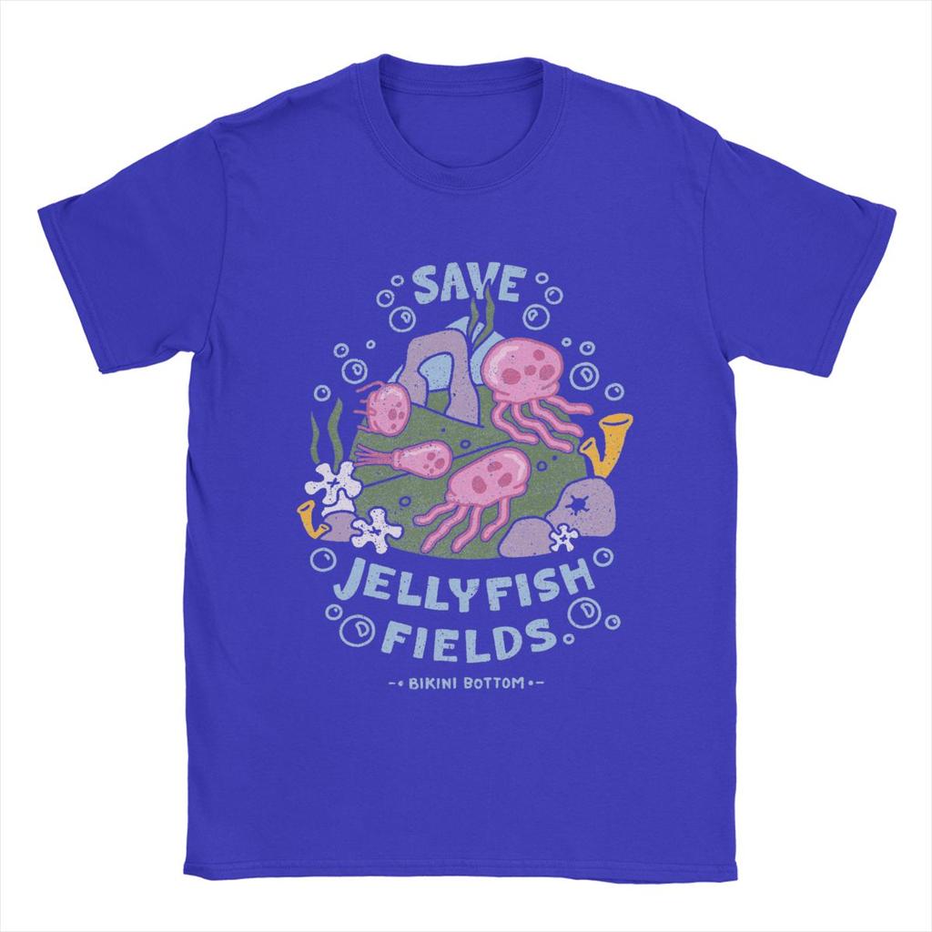 SpongeBobed Save Jellyfish Fields Bikini Bottom T-Shirts for Men Pure Cotton Tee Shirt Short Sleeve T Shirts Summer Clothes
