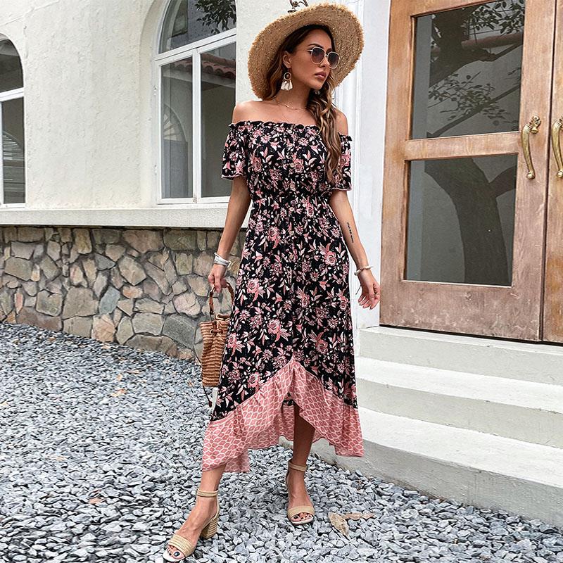 Dámská móda Léto Jaro Květinový potisk Neformální šaty s krátkým rukávem