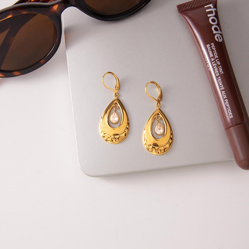 Yori Delicate Shiny Teardrop Cubic Zirconia Hollow Out Teardrop Pendant Earrings 18K Gold Color PVD Plated Stainless Steel Jewel