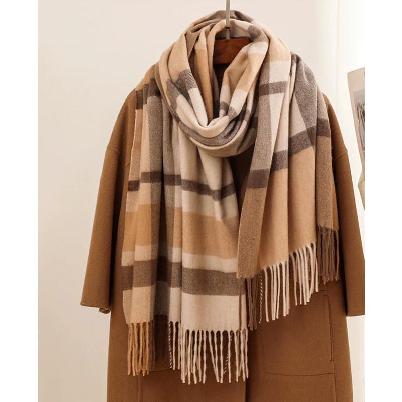 

VICTORIA&VERA Maillard Plaid Fringe Wool Scarf One Size