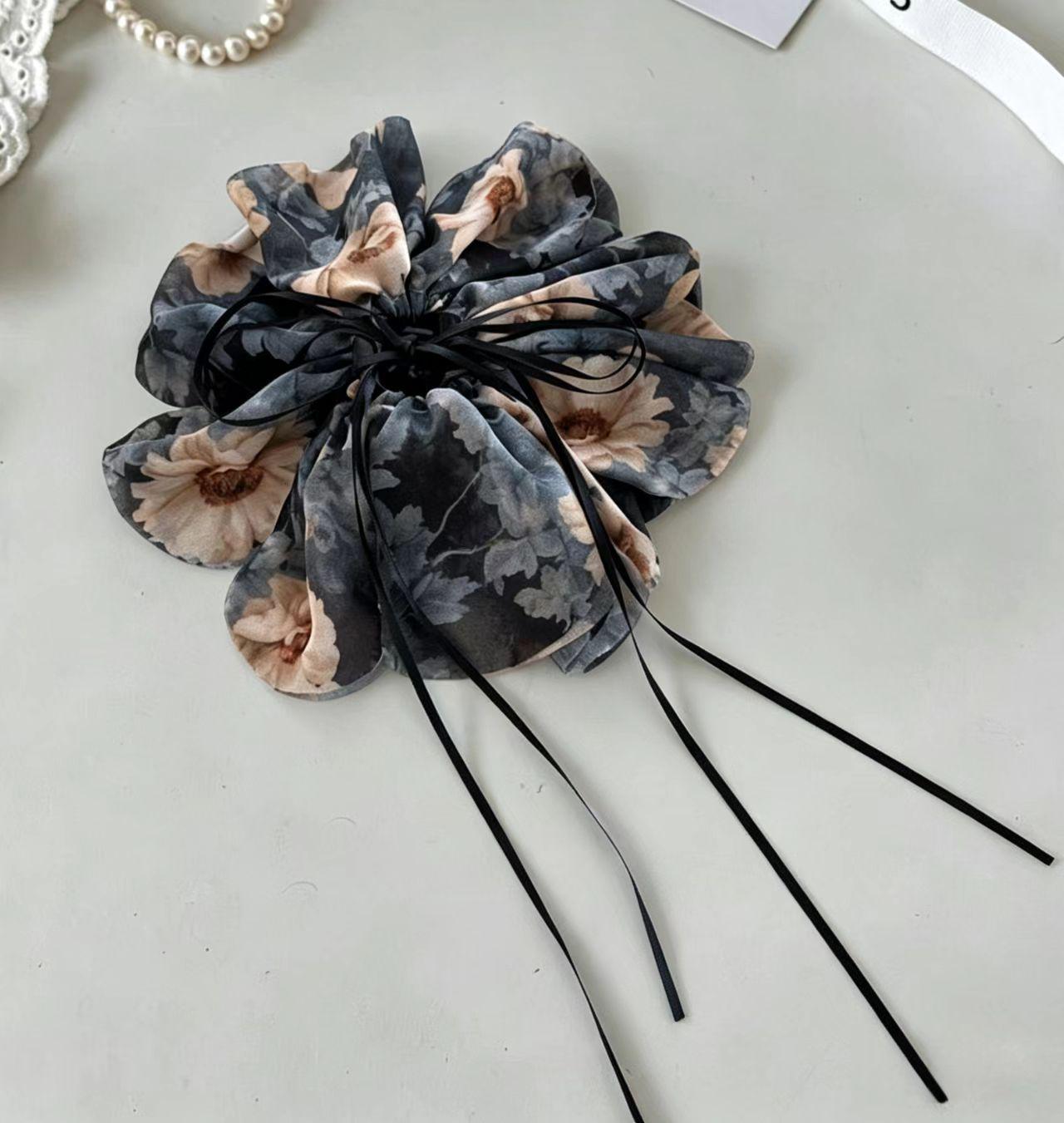 Chinese Floral Ink Print Hair Claw Clip with Flowing Ribbon