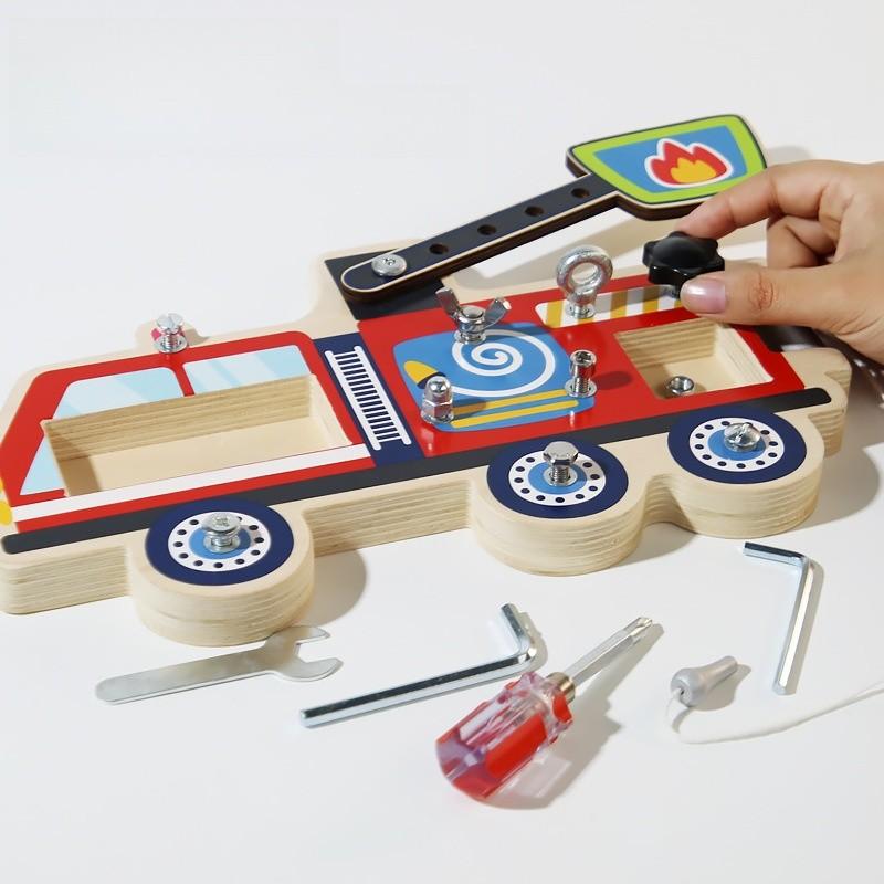 Fire Wooden Truck Nut Disassembly Combination Toy With Kids Skills Coordination
