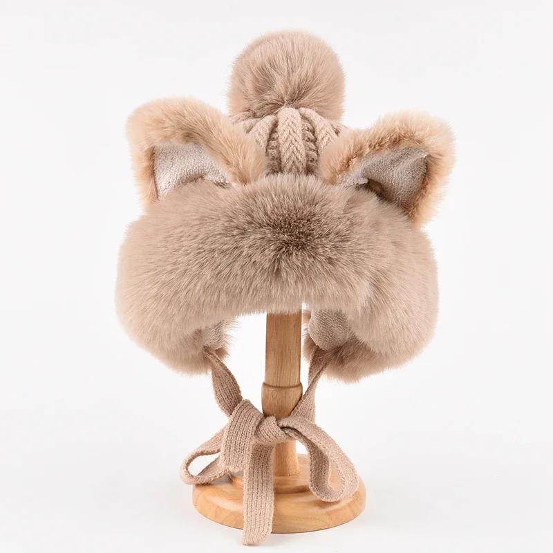 Fox Ear Hat Female Winter Sweet and Cute Knitted Woolen Lei Feng Hat Plush Thick and Warm Northeast Mongolian Hat Ear Protection