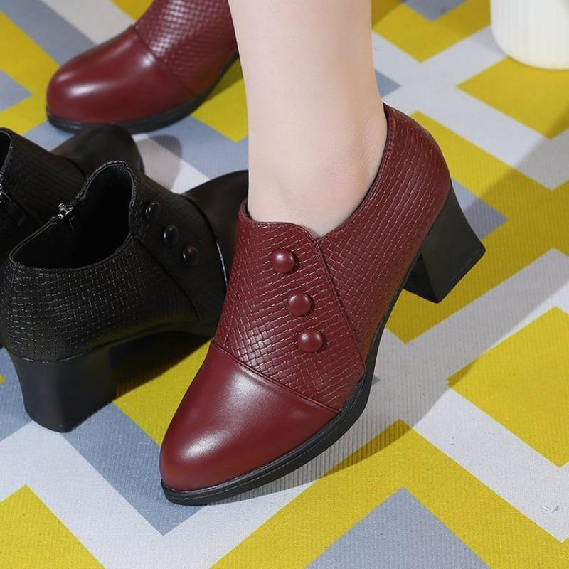 Single Shoes Women's Spring and Autumn New Thick Heel Pointed Small Leather Shoes Side Zipper