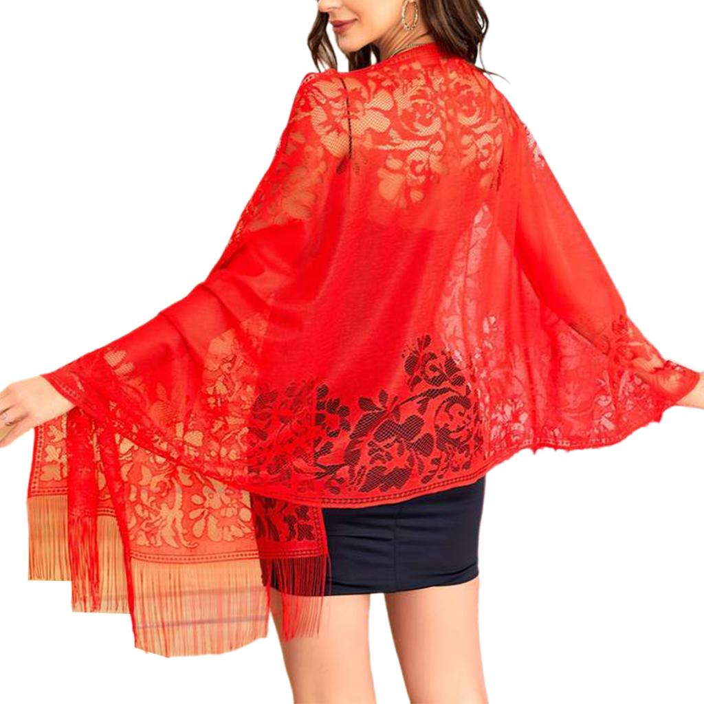 Elegant Women Shawl Wrap for Evening Dress Lightweight Scarf Malaysia Solid Color Hollowed Tassel Long Cape Shawl