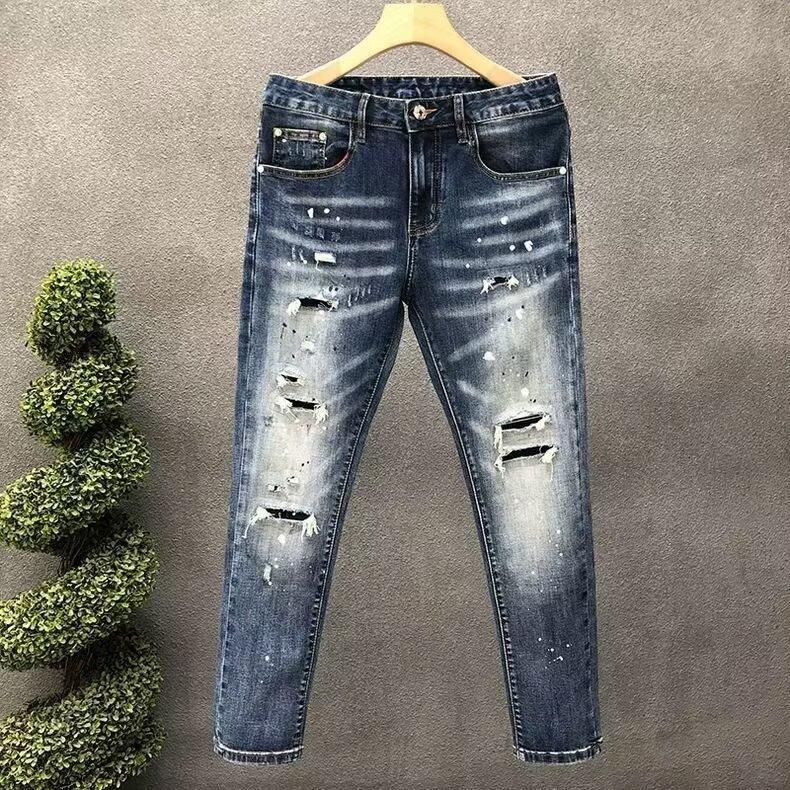 Spring and Autumn new ripped jeans men's elastic slim-fitting small feet trendy brand ruffian handsome point paint trendy fashion pants